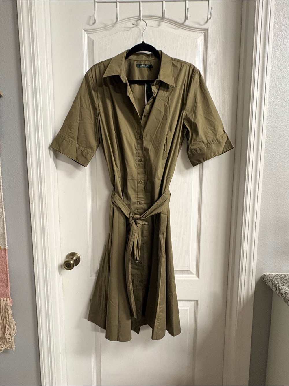 Olive Green Button-Front Shirt Dress with Tie Waist
